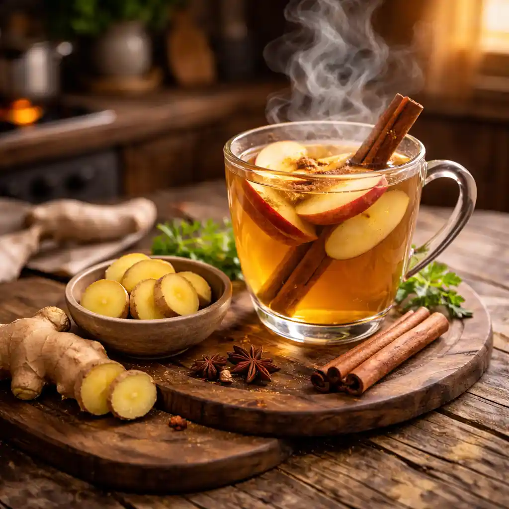 A rustic kitchen counter with a steaming cup of boiled apple cinnamon ginger drink, ginger slices, and cinnamon stick.