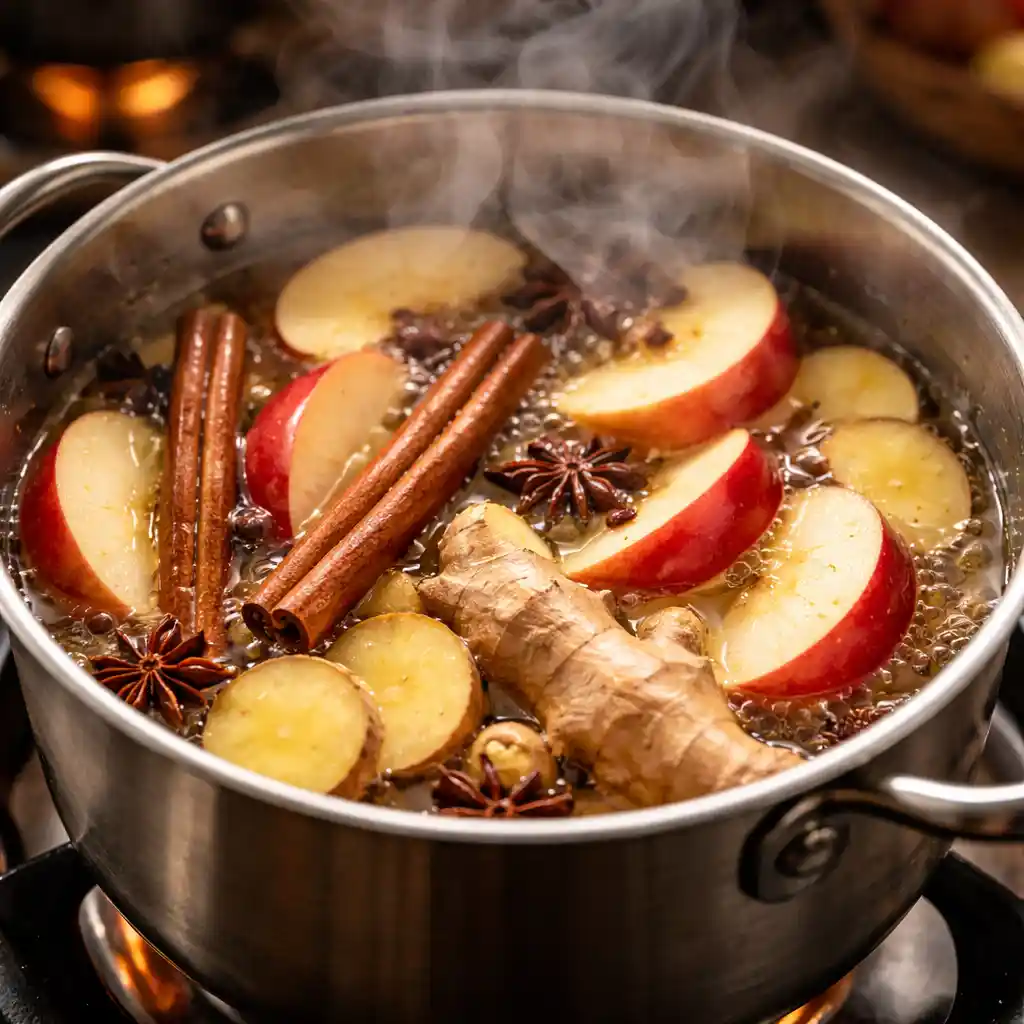 Close-up of simmering apples, ginger, and cinnamon in a pot on the stove. boiled apple cinnamon ginger drink