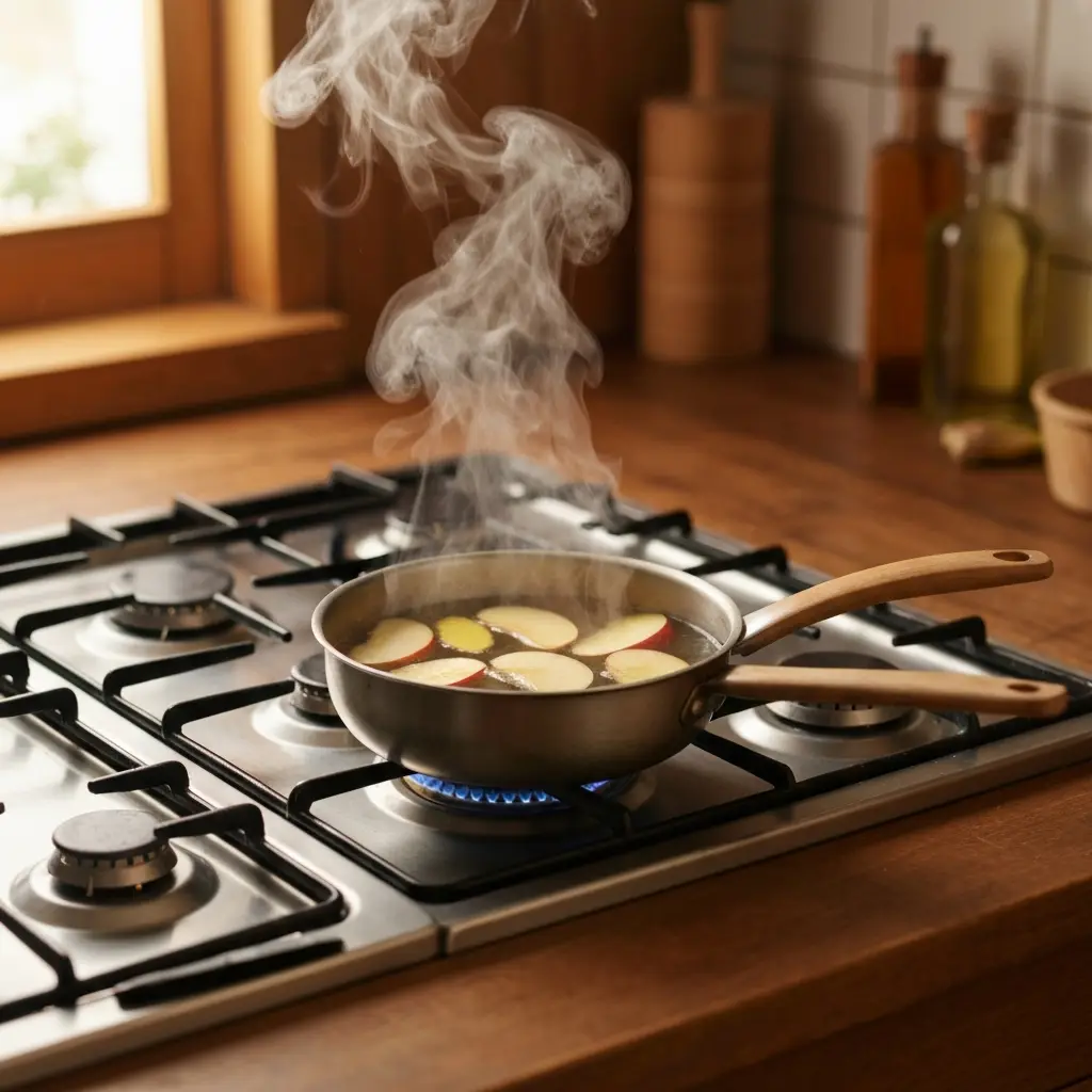 simmering apple slices and ginger in saucepan for apple ginger drink warm apple ginger drink