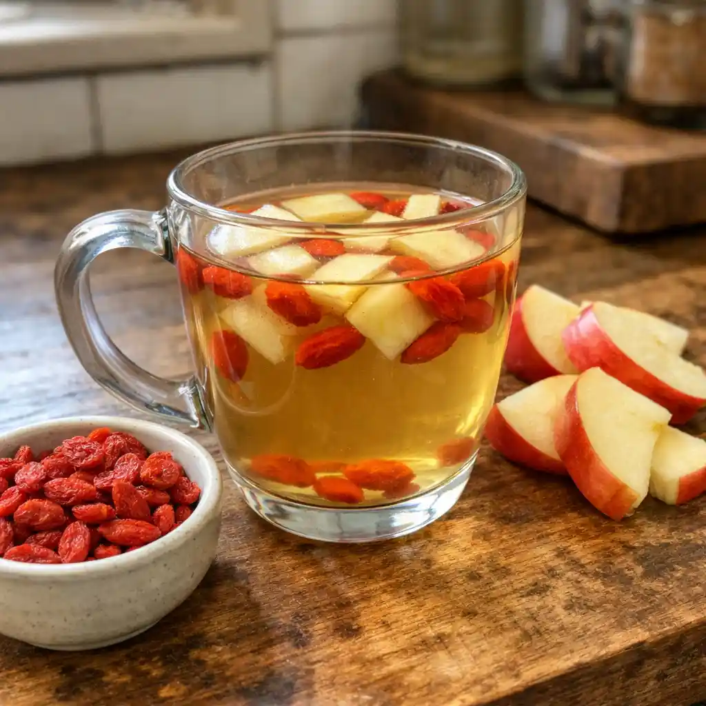 simmering apple slices and goji berries in pot for fruit tea apple goji berry digestive tea