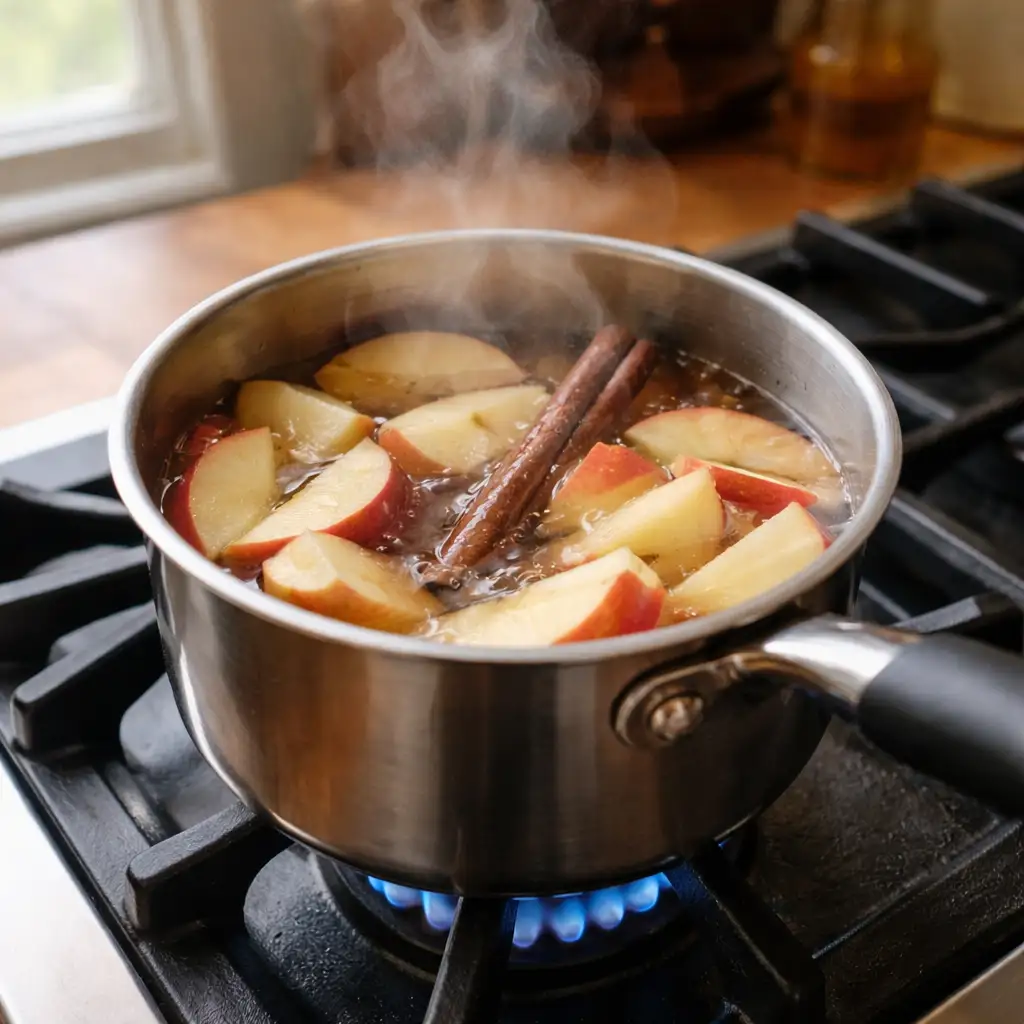 apple slices simmering in saucepan while making boiled apple tea boiled apple tea for gut health