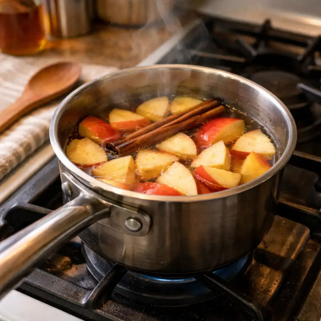 Simmering apples and cinnamon in a pot while making apple tea gut healing apple tea before bed