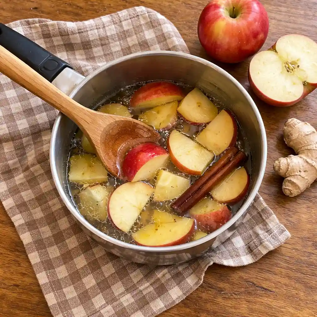 Apple slices and ginger simmering in a pot for homemade apple tea 3 ingredient boiled apple tea for digestion