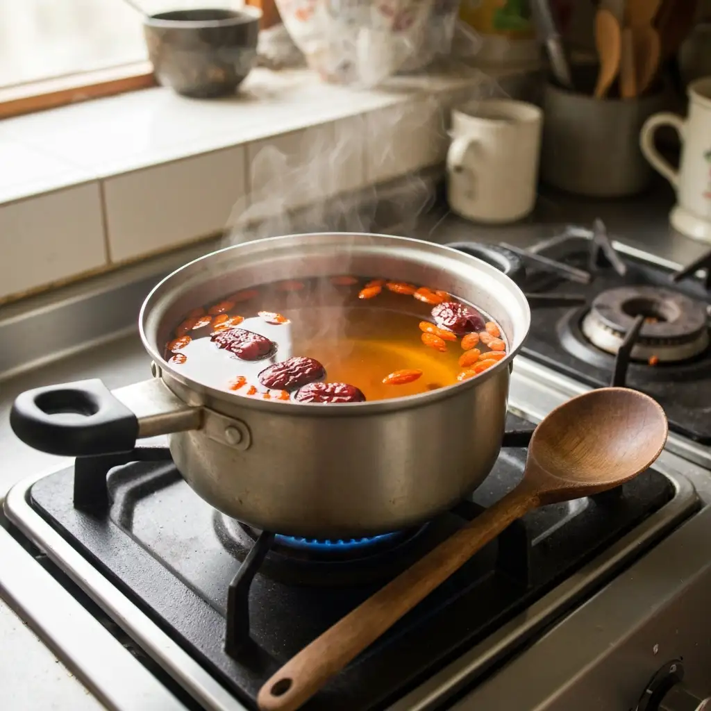 Goji berry red date tea simmering in a small pot on a stove goji berry red date tea recipe