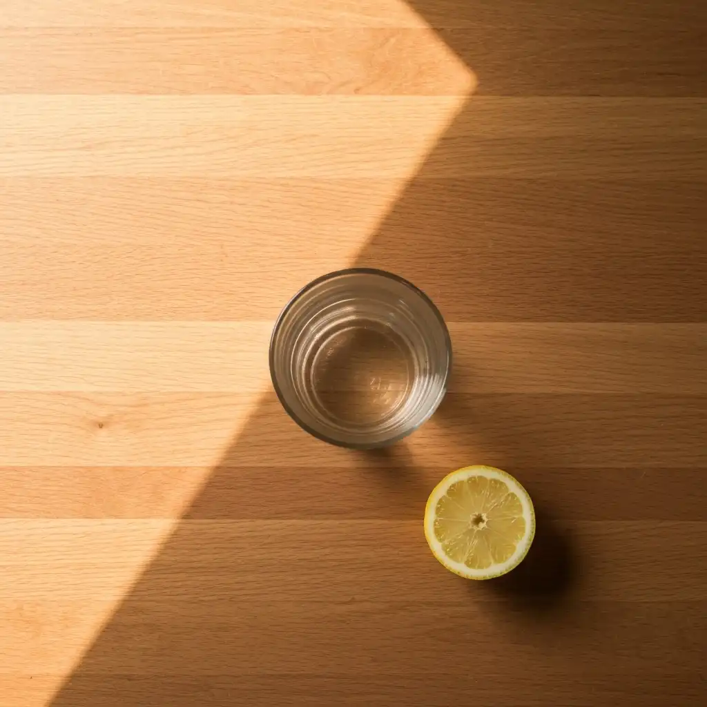 Top view of lemon slice and water glass for a fasting drink