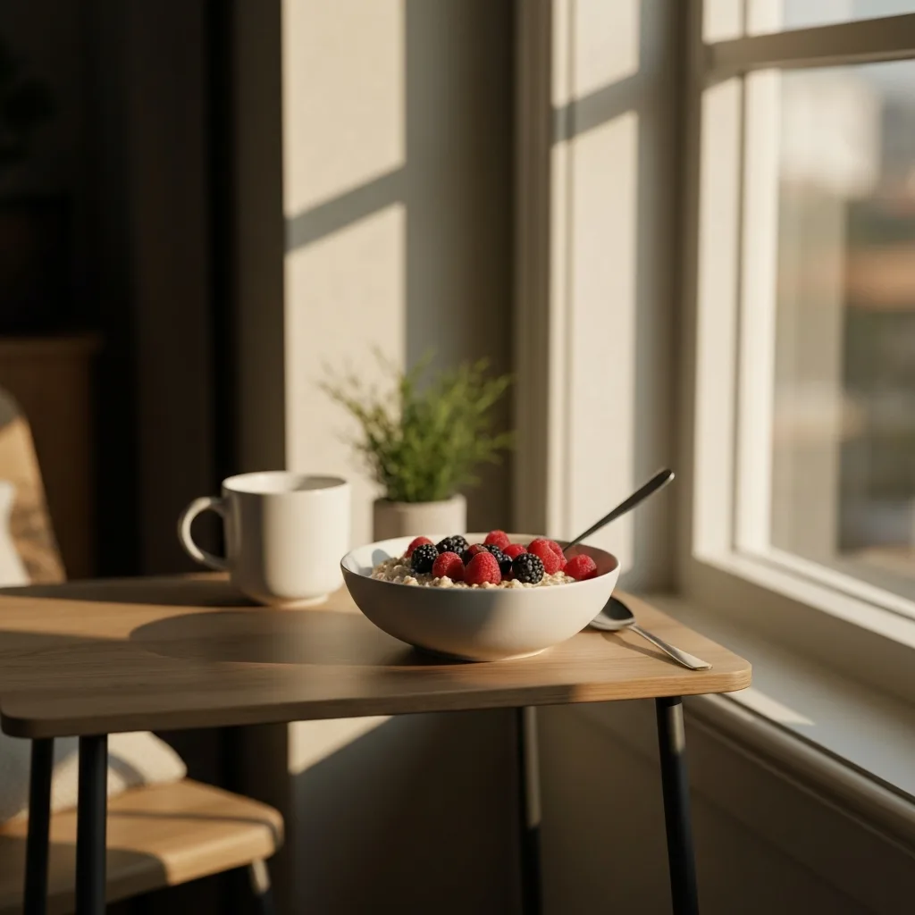 healthy oatmeal breakfast in a cozy morning setting slow morning wellness ritual