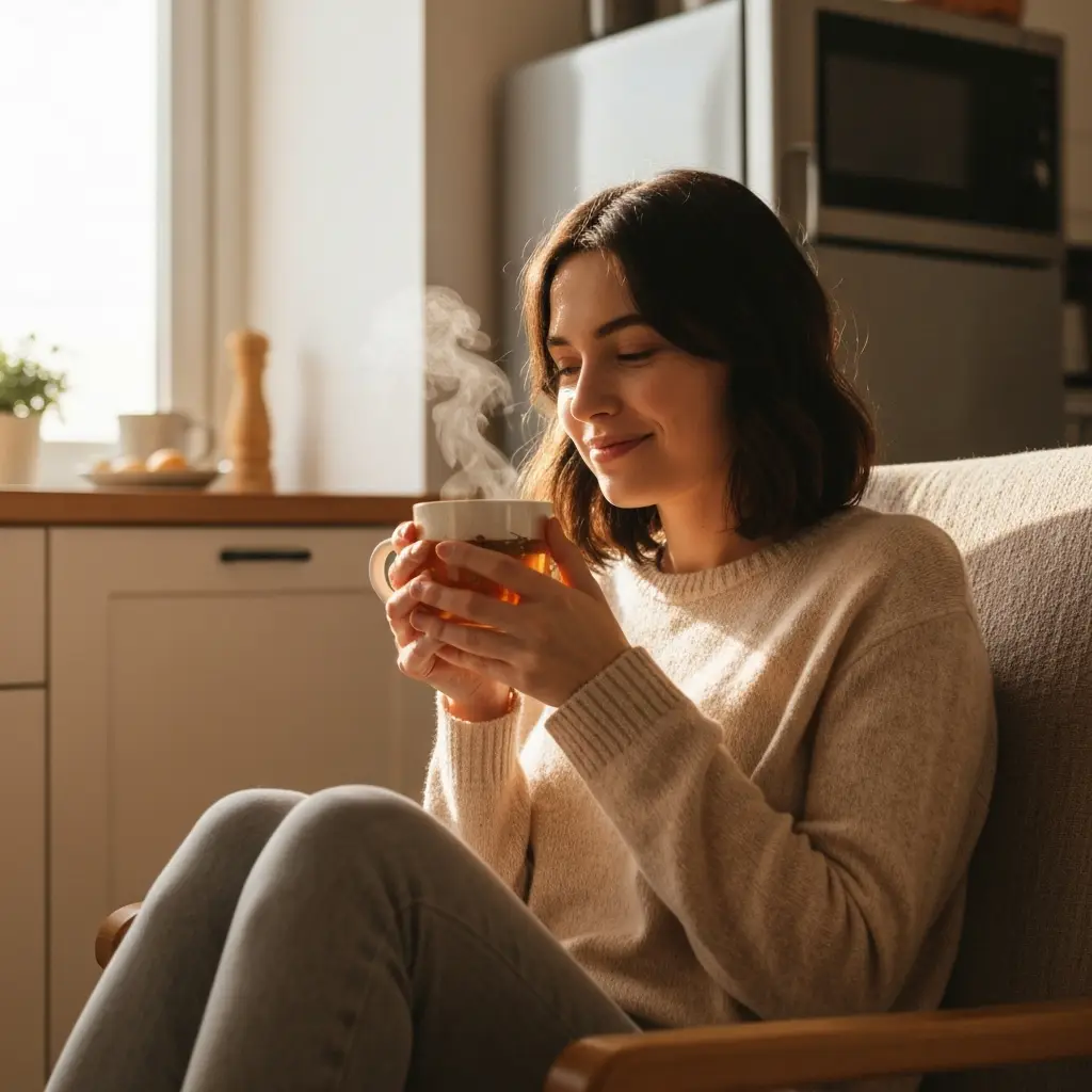 person drinking herbal tea during a slow morning wellness routine becoming chinese wellness trend