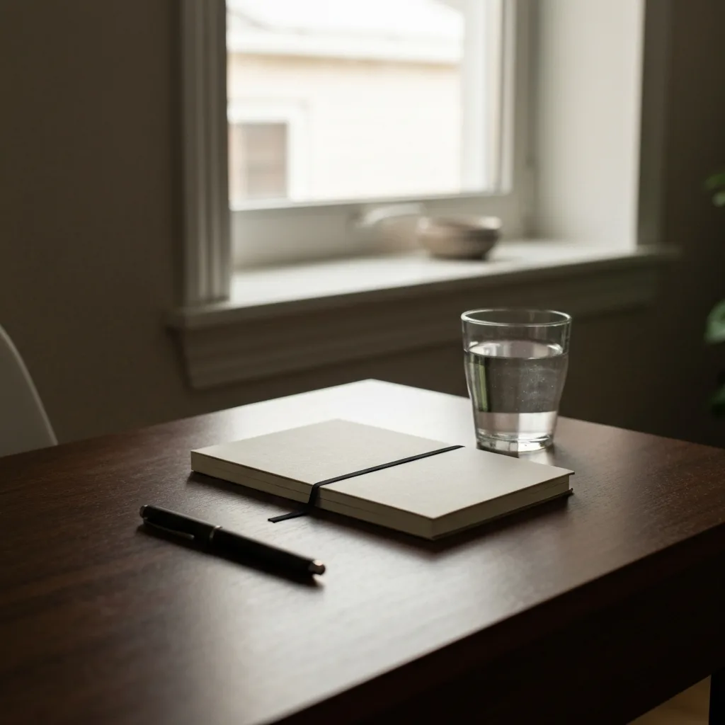 simple morning routine setup with journal and water in sunlight slow morning wellness ritual