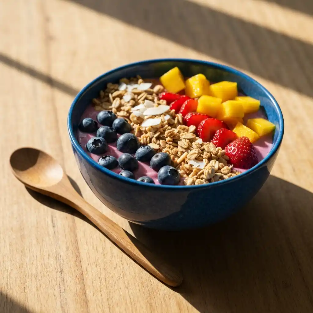Homemade smoothie bowl with banana slices, blueberries, granola and coconut flakes