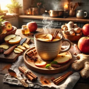 A cozy kitchen scene with a steaming cup of boiled apple cinnamon ginger drink, apples, ginger root, and cinnamon sticks.
