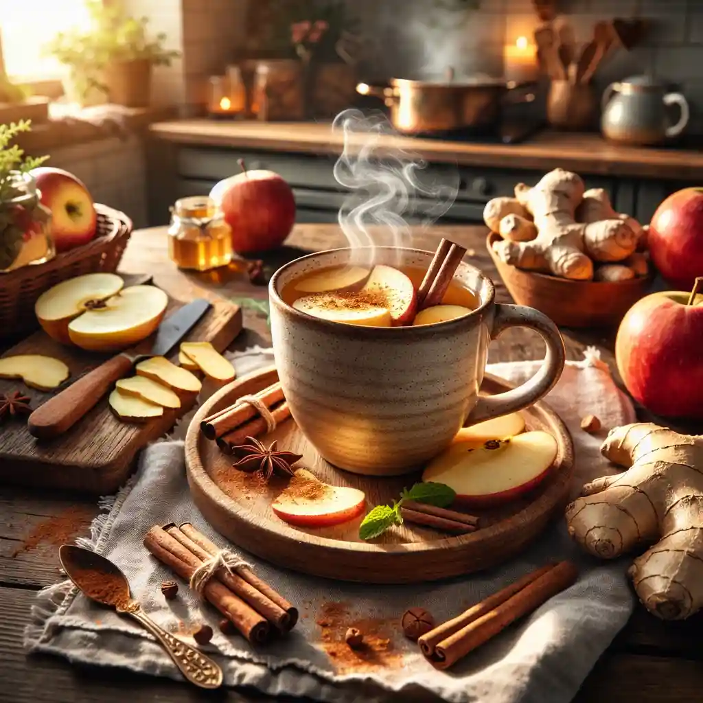 A cozy kitchen scene with a steaming cup of boiled apple cinnamon ginger drink, apples, ginger root, and cinnamon sticks.