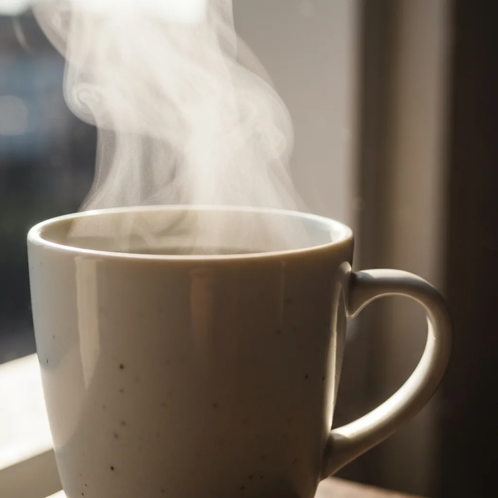 Close-up of steaming hot water in ceramic mug by window Why is everyone drinking hot water in the morning
