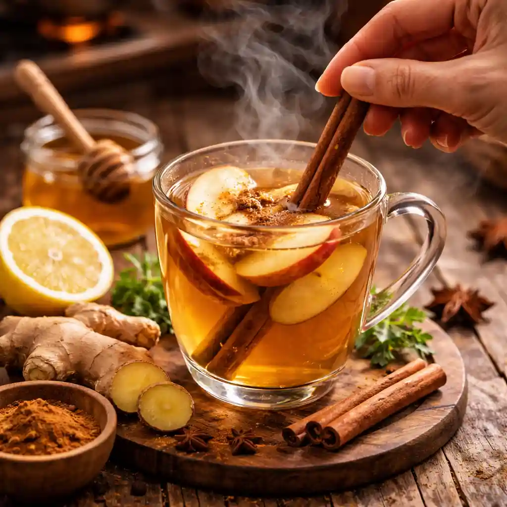 A hand stirring the boiled apple cinnamon ginger drink in a mug with cinnamon stick, lemon, and honey nearby.