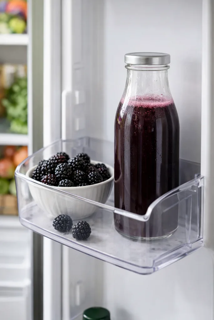 Bottle of blackberry juice stored in refrigerator