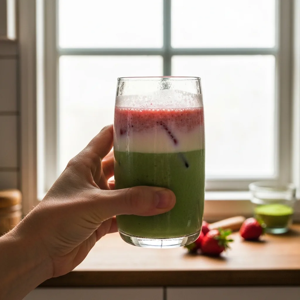 hand holding a fresh strawberry matcha drink by a bright kitchen window