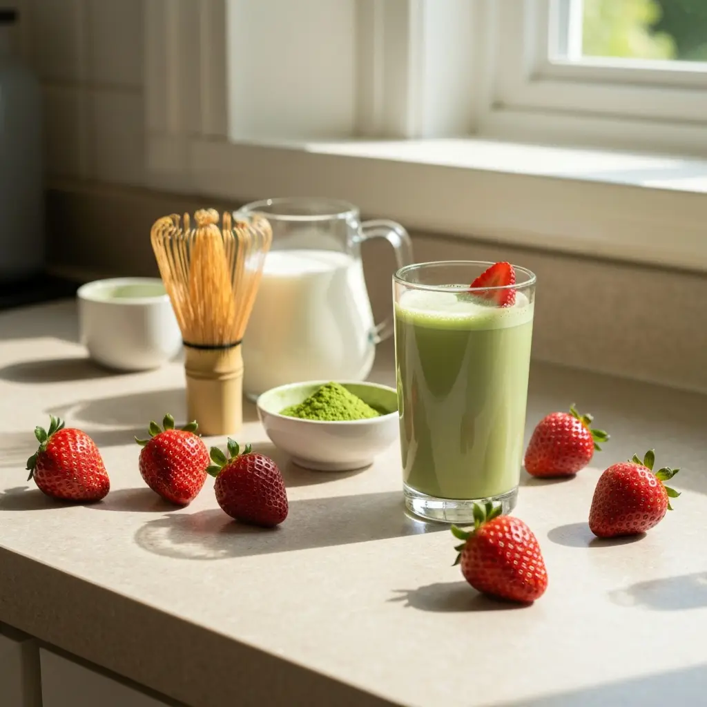 homemade strawberry matcha latte with strawberries matcha powder and whisk on kitchen counter
