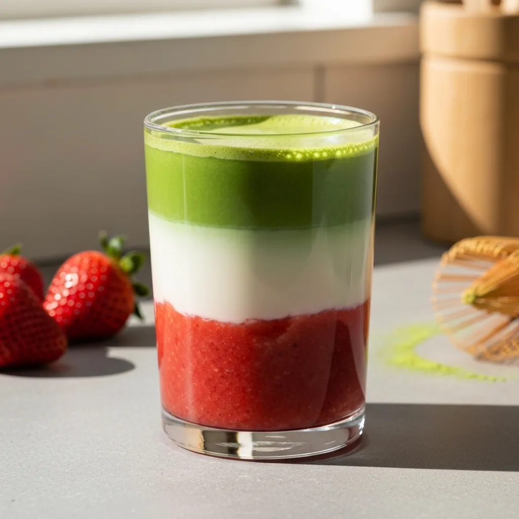 layered strawberry matcha drink in a clear glass with strawberry puree milk and matcha layers