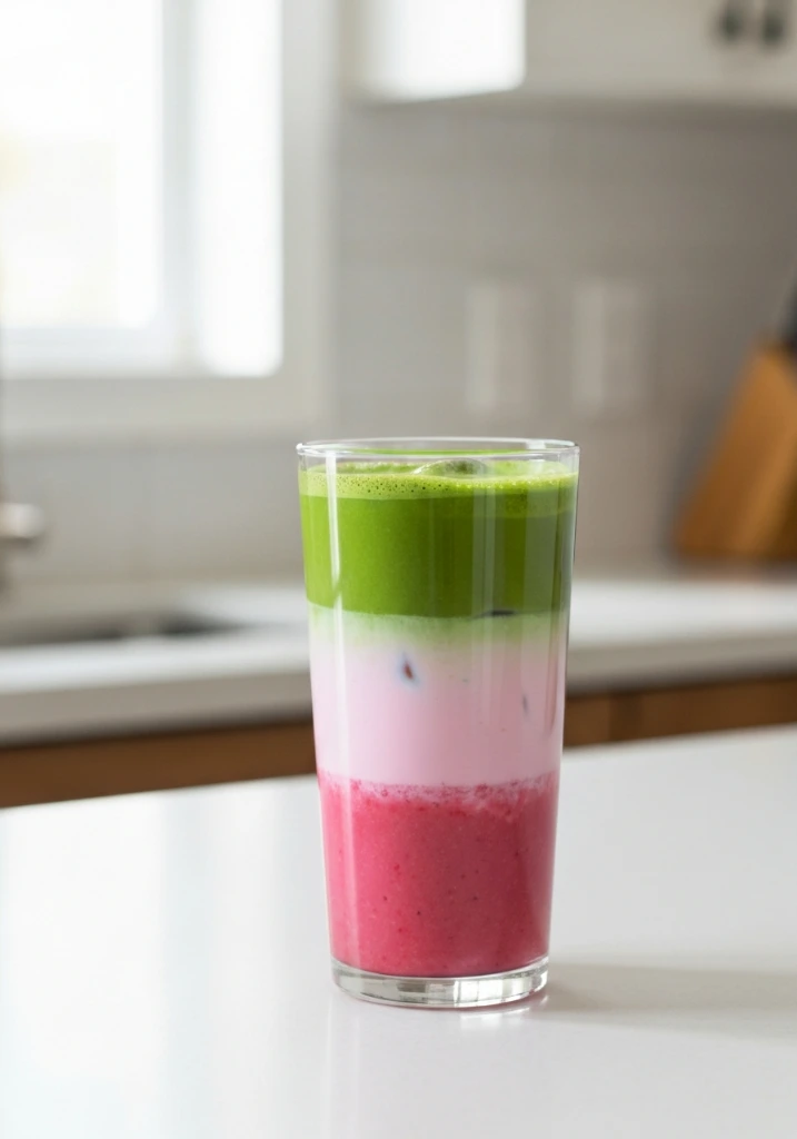 pinterest style vertical image of a layered strawberry matcha drink