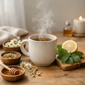 Editorial wellness scene featuring herbs and a warm stress reliever drink