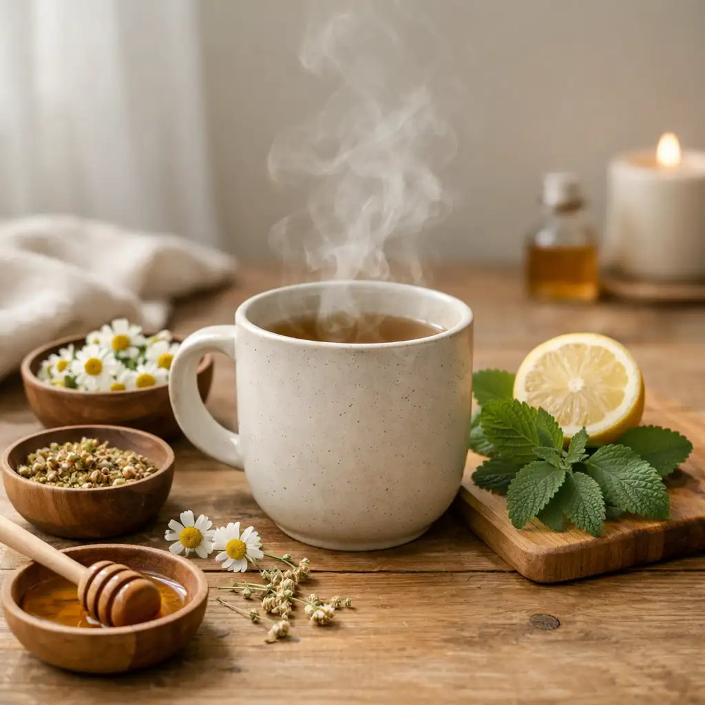 Editorial wellness scene featuring herbs and a warm stress reliever drink