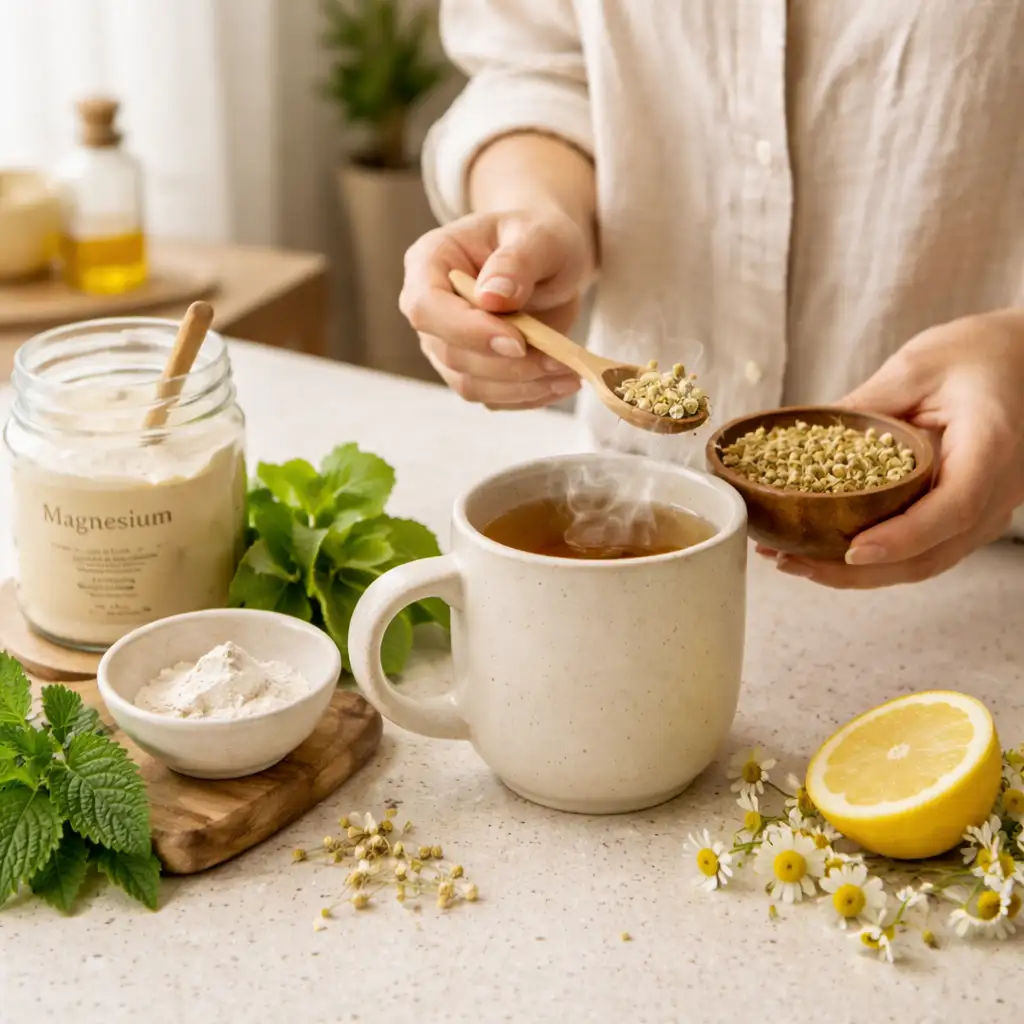 Flat lay of calming herbal ingredients for a stress reliever drink