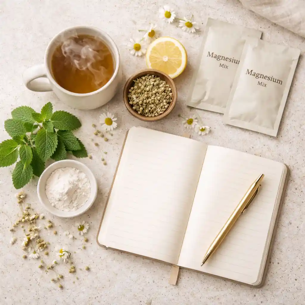 Person holding a warm herbal stress reliever drink near a softly lit window
