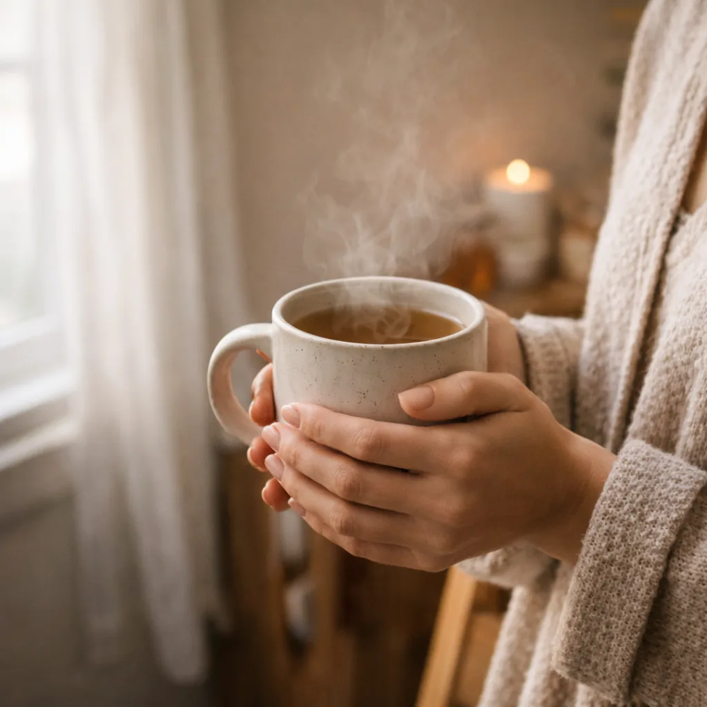 Cozy living room wellness setup with calming drink and herbal ingredients