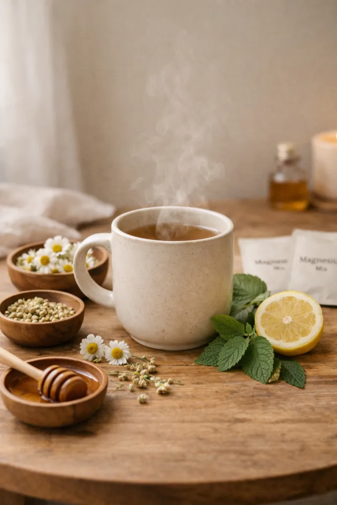 Vertical Pinterest-style editorial image featuring stress relief drink elements