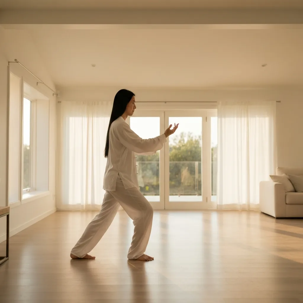person practicing tai chi indoors in a peaceful home becoming chinese wellness routine