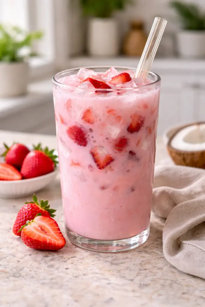 Tall Strawberry Coconut Pink Drink Tall glass of homemade Starbucks pink drink