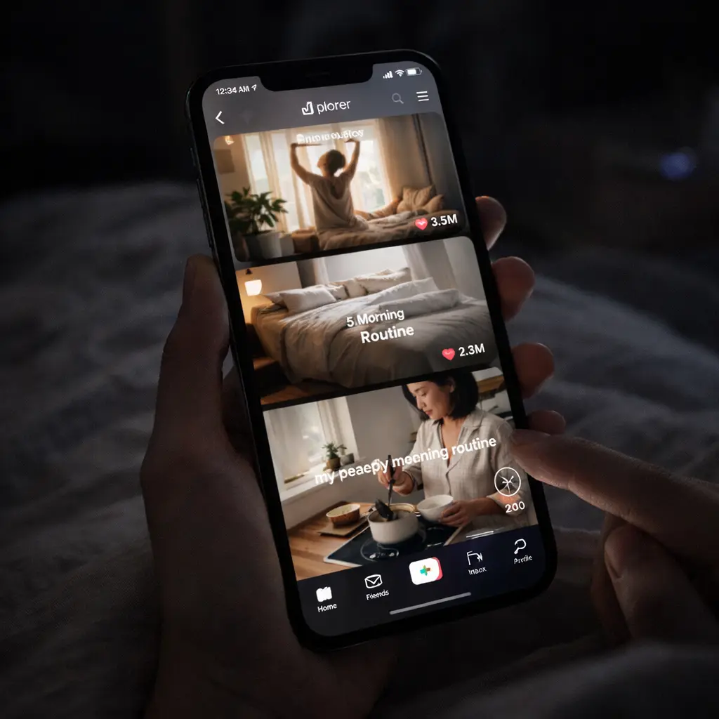 Smartphone displaying TikTok videos of viral lifestyle routines Why is everyone doing the becoming chinese routine