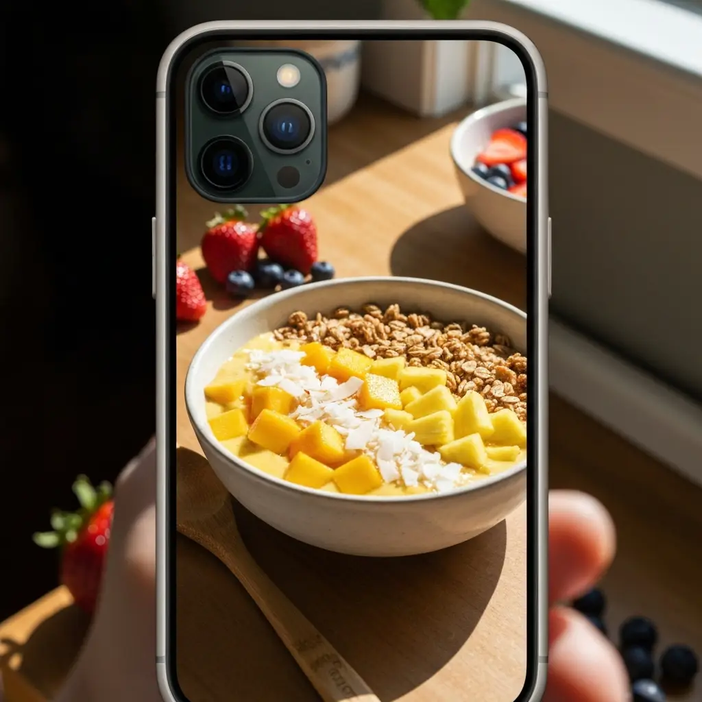 Tropical smoothie bowl with mango, pineapple and coconut flakes