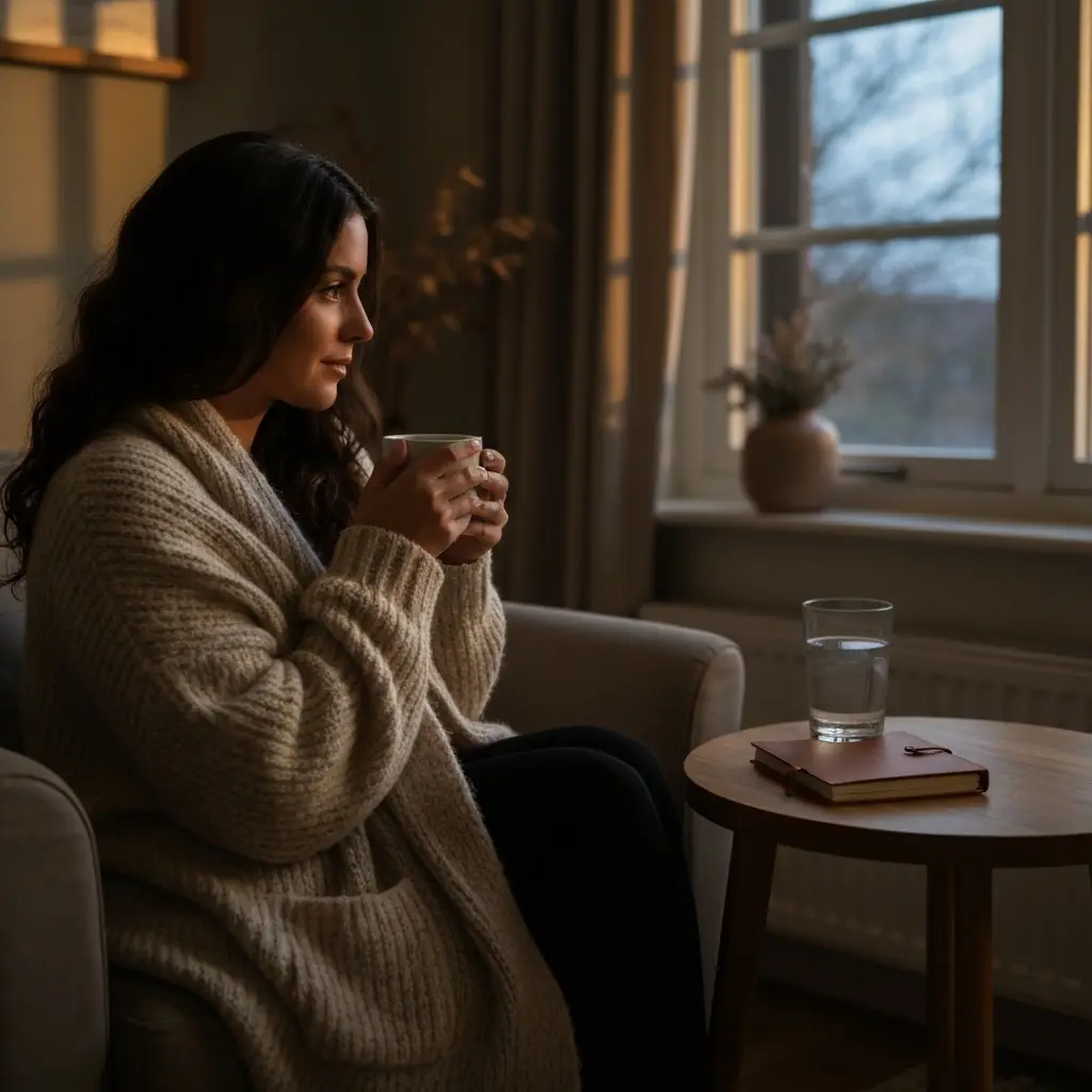 Person drinking unsweetened tea in cozy living room during fasting 3 day fasting benefits