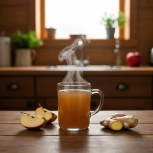 warm apple ginger drink in a steaming mug with fresh apples and ginger