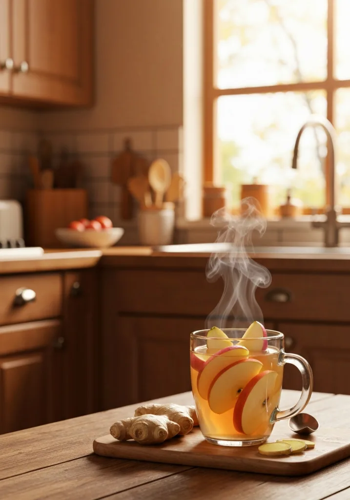 vertical Pinterest image of warm apple ginger drink with apples and ginger