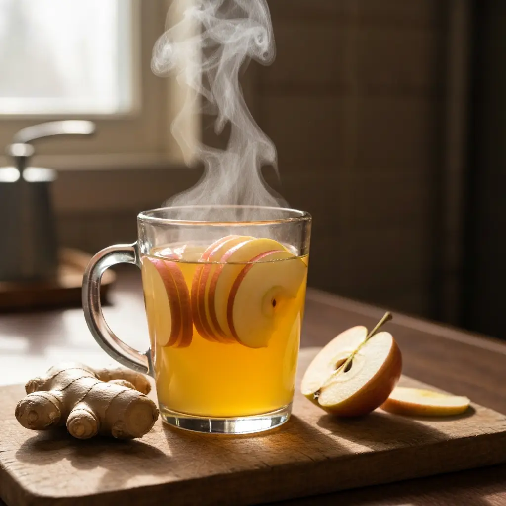 glass mug of warm apple ginger drink with fresh apple slices and ginger