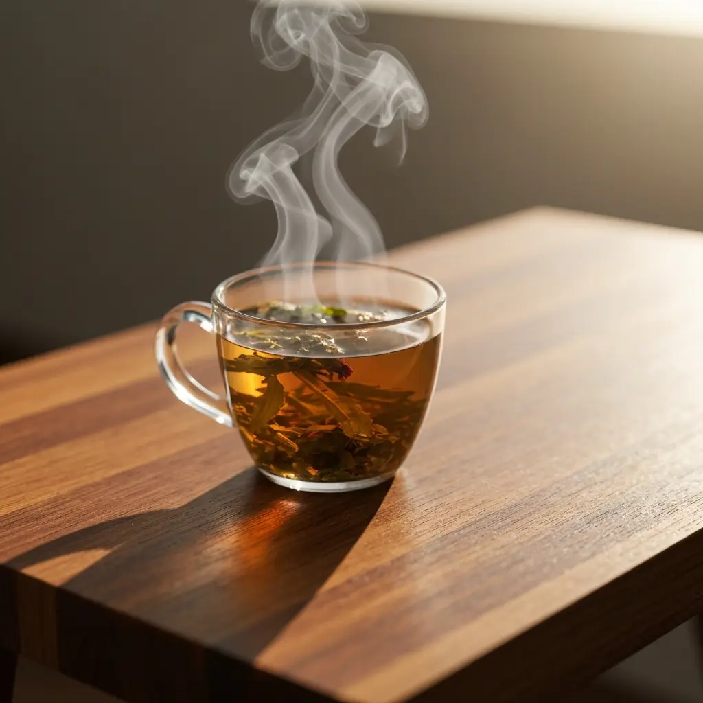 steaming herbal tea in soft natural light close-up becoming chinese wellness routine