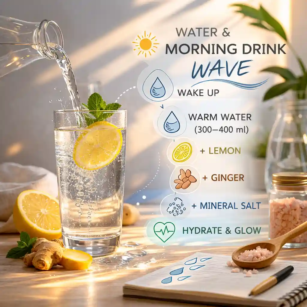 warm-lemon-water-morning Sunlit kitchen counter with a warm lemon water glass representing morning hydration