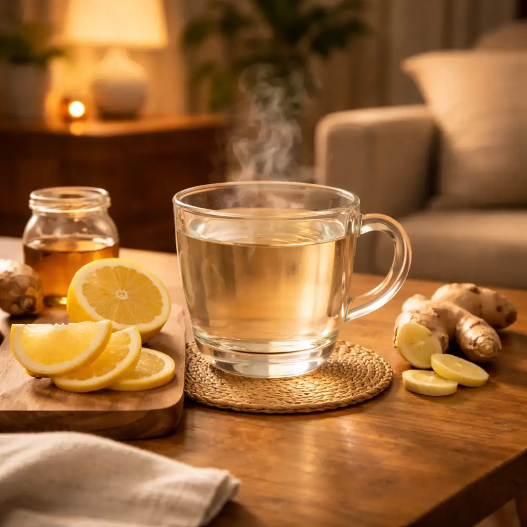 Cozy evening scene with warm water and ingredients warm water wellness habit