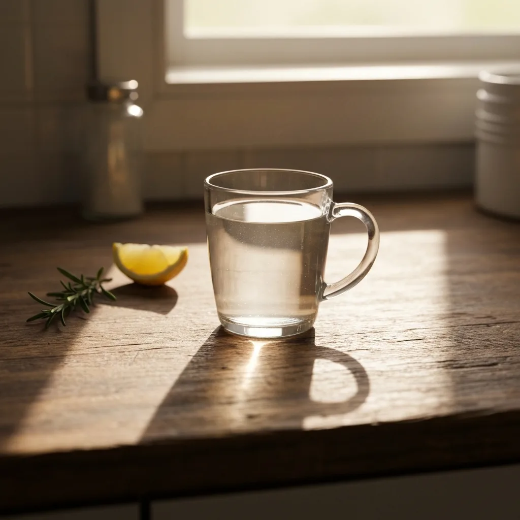 Glass mug of warm water on kitchen counter with sunlight Why is everyone drinking hot water in the morning