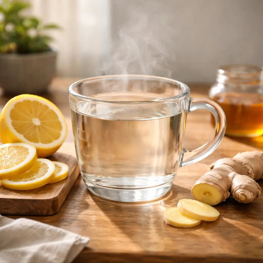 Warm water with lemon and ginger on kitchen counter warm water wellness habit
