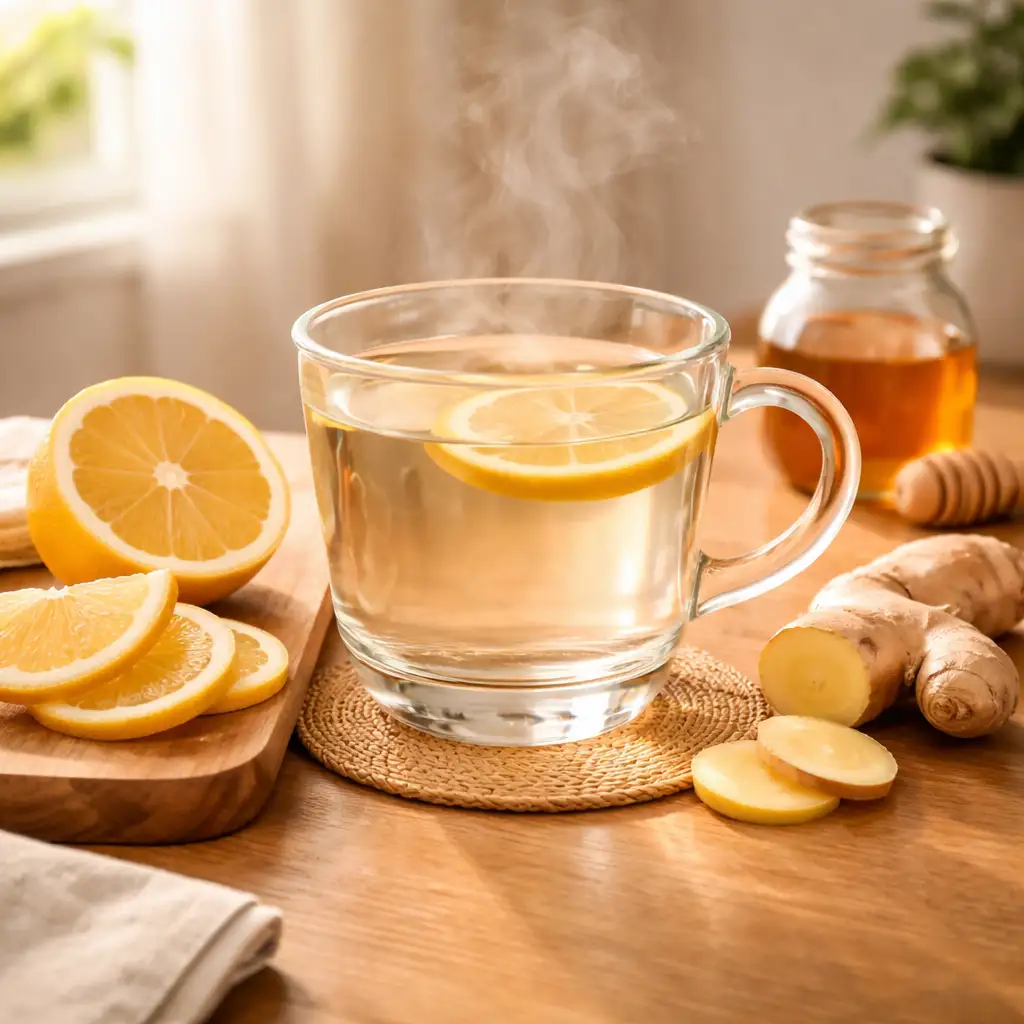 Warm water with lemon and ginger on kitchen counter warm water wellness habit
