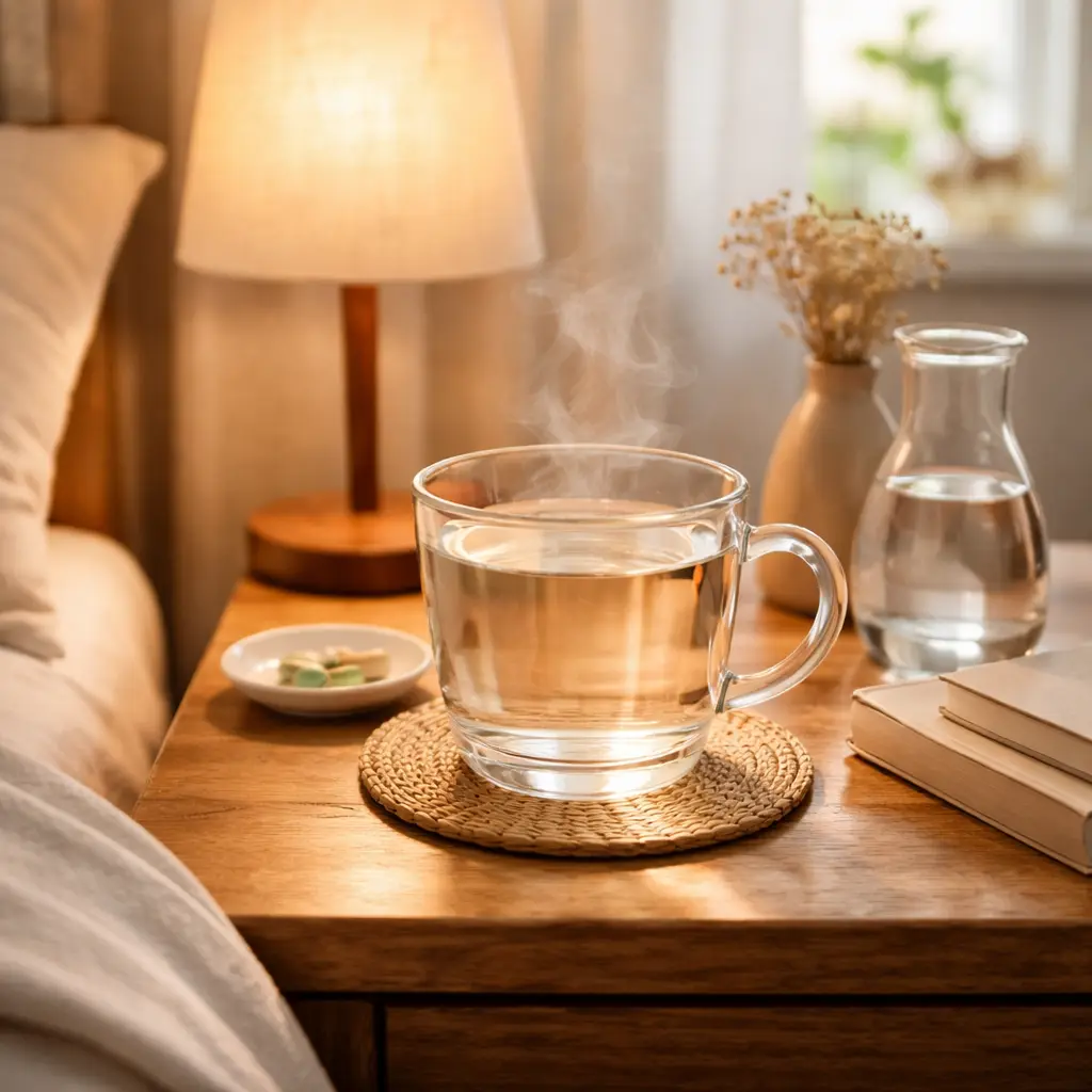 Warm water on bedside table with sunrise light warm water wellness habit