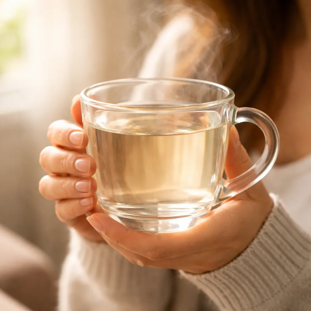 Person holding a warm glass of water in morning sunlight warm water wellness habit