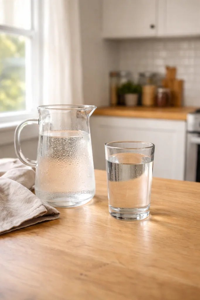 Vertical Pinterest image of water pitcher and glass for water fasting challenge