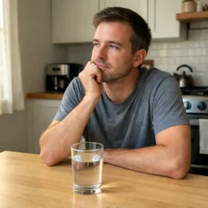Glass of water on kitchen counter with fasting notes and phone timer water fasting challenge