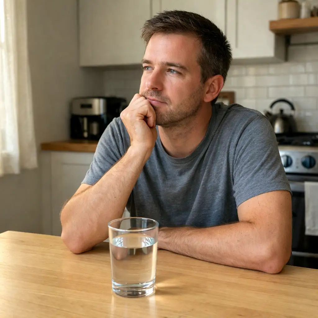 Glass of water on kitchen counter with fasting notes and phone timer water fasting challenge