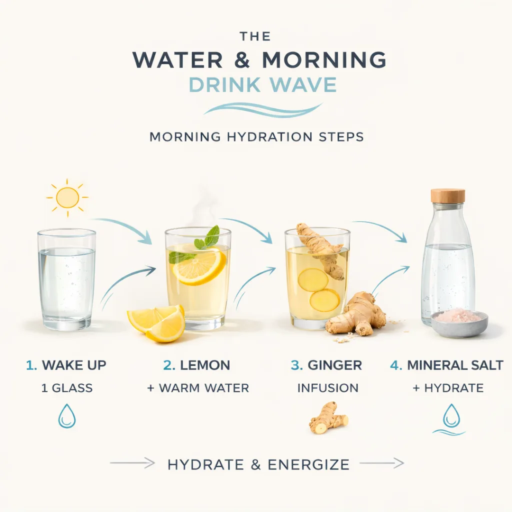 water-wave-overview-editorial Clean infographic-like hydration setup with a water bottle on a white background