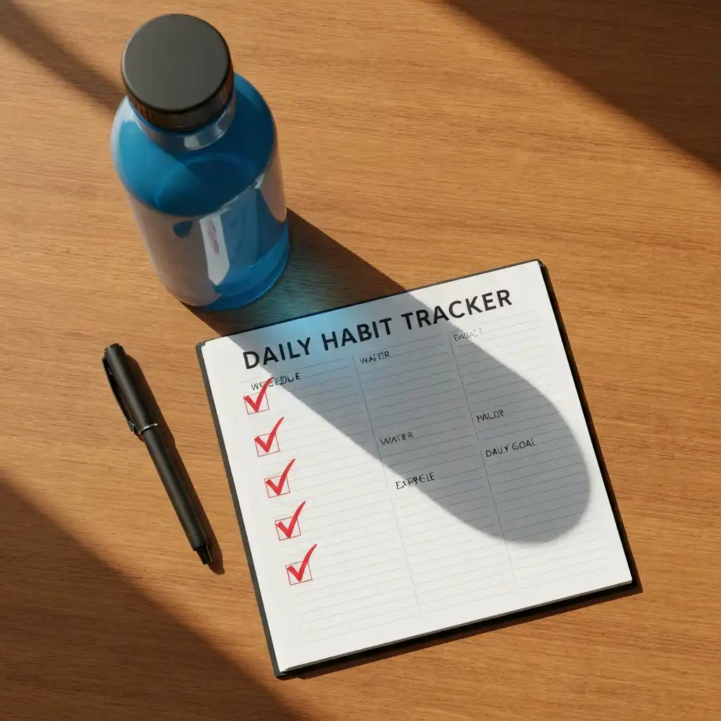 habit tracker notebook with water bottle and daily checklist wellness stacking daily habits