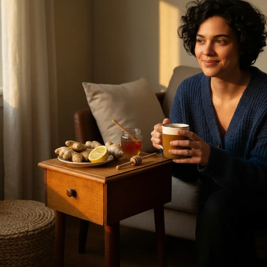 Person holding a mug of ginger tea in a cozy living room ingwer trick